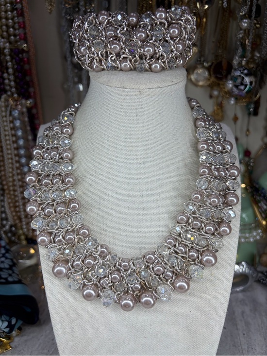 Jewelry - Necklace Bracelet Set Glass Pearl Crystal Chain Mail Chunky Jewelry Statement
